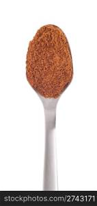garam masala spice on a stainless steel spoon, isolated on white background
