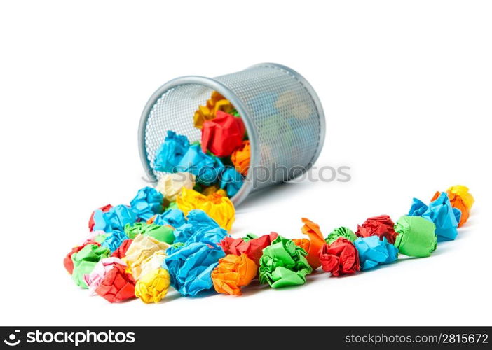 Garbage bin with paper waste isolated on white