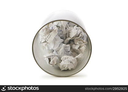 Garbage bin with paper waste isolated on white