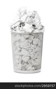 Garbage bin with paper waste isolated on white