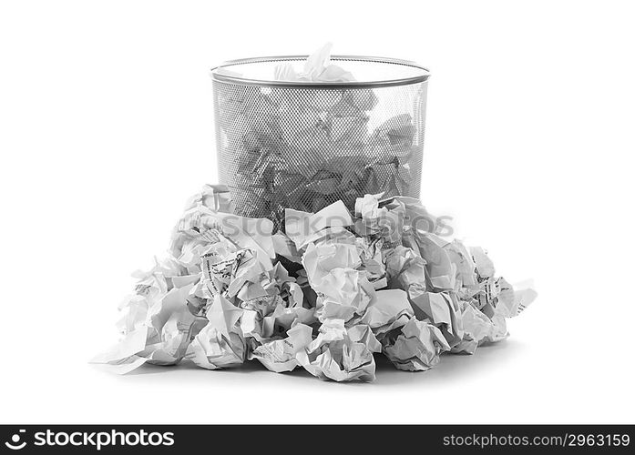 Garbage bin with paper waste isolated on white