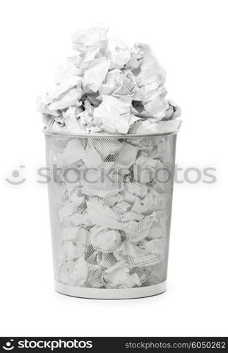 Garbage bin with paper waste isolated on white