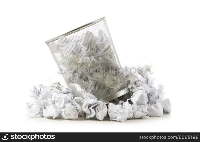 Garbage bin with paper waste isolated on white