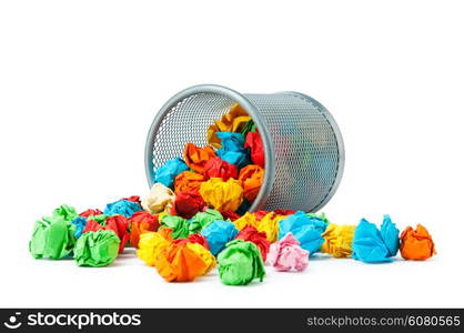 Garbage bin with paper waste isolated on white