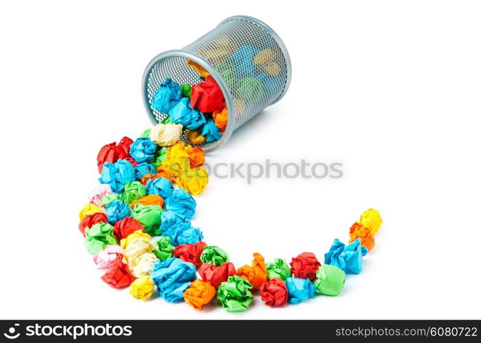 Garbage bin with paper waste isolated on white