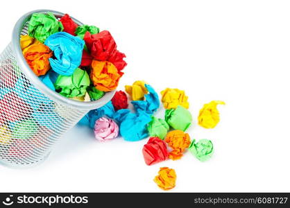 Garbage bin with paper waste isolated on white