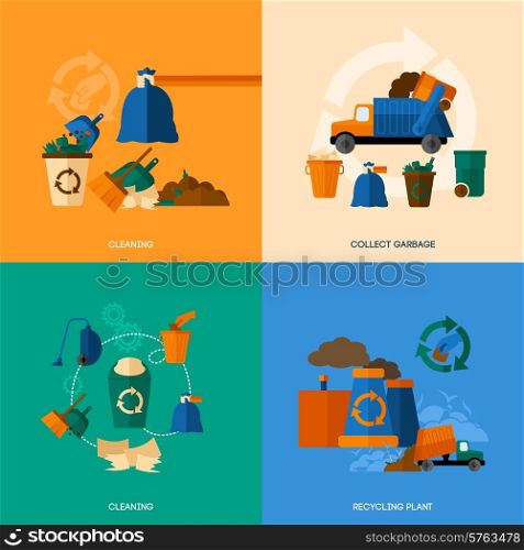 Garbage design concept set with cleaning collect and recycling plant flat icons isolated vector illustration