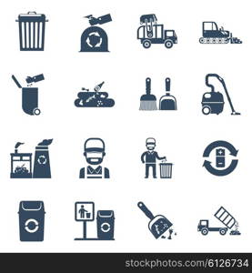 Garbage Disposal Black Icons. Garbage disposal black icons set with cleaner garbage can recycling plant isolated vector illustration