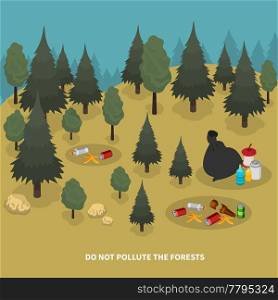 Garbage isometric composition with forest scenery and images of trees with pieces of waste on ground vector illustration. Forest Pollution Isometric Composition