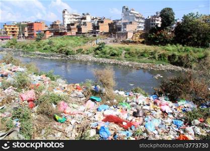 Garbage on the river bank in Khatmandu, Nepal