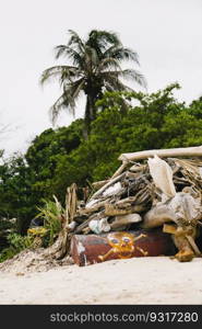 Garbage on the tropical beach as environmental pollution concept