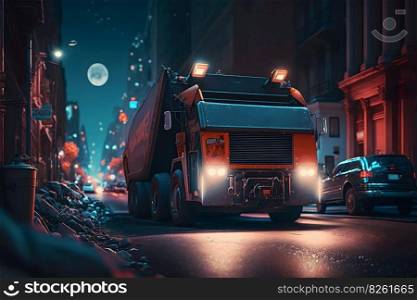 Garbage truck in the night city. Neural network AI generated art. Garbage truck in the night city. Neural network AI generated