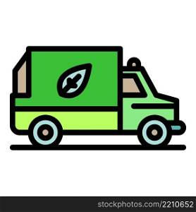 Garbage truck with a leaf icon. Outline garbage truck with a leaf vector icon color flat isolated. Garbage truck with a leaf icon color outline vector