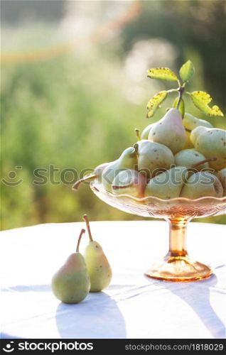 garden and still life - a vase with pears on a table with a white tablecloth