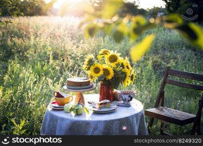 garden and still life. tea party in the garden - pie, vase with sunflowers and apples on a table  