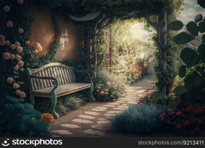 garden bench in paths and alleys of plot in summer outside cozy backyard, created with generative ai. garden bench in paths and alleys of plot in summer outside cozy backyard