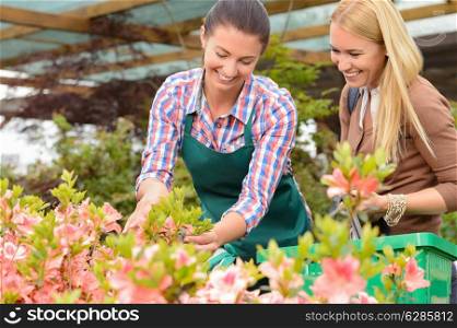 Garden center woman show flowers to smiling customer buying plants