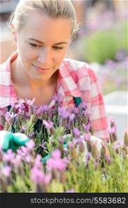Garden center woman with purple plant flower