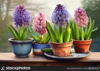 Garden hyacinth flower pot. Natural purple. Generate Ai. Garden hyacinth flower pot. Generate Ai