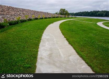 Garden of Destinies is a monumental architectural ensemble on the Daugava Island in Koknese. Scenery of stones and way in Koknese in the park Garden of Destinies in Latvia. Garden in Koknese.