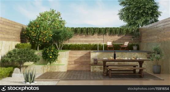 Garden on two levels with old dininig table, wooden bench and small pool on backgrround - 3d rendering. Garden on two levels with old dining table on deck floor