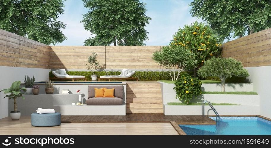 garden on two levels with two small pools and lush vegetation - 3d rendering. Garden on two levels with two small pools