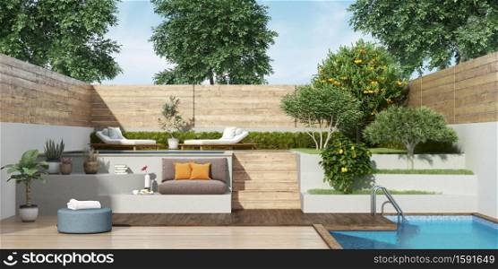 garden on two levels with two small pools and lush vegetation - 3d rendering. Garden on two levels with two small pools