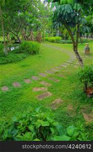 garden stone path with grass