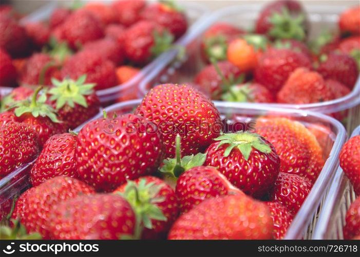 garden strawberries, many ripe, juicy berries in plastic boxes. Vitamins Healthy Food Nutrition Vitamins. garden strawberries, many ripe, juicy berries in plastic boxes.