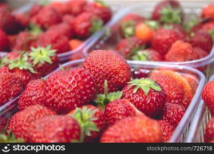 garden strawberries, many ripe, juicy berries in plastic boxes. Vitamins Healthy Food Nutrition Vitamins. garden strawberries, many ripe, juicy berries in plastic boxes.