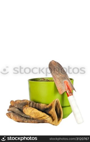 Garden tools and gloves isolated on a white background with a clipping path