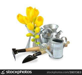 Garden tools and yellow freesia flowers on a white background