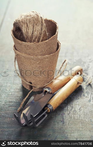 garden tools on a wooden board