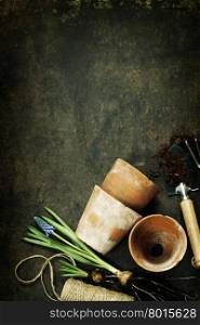 Garden tools on vintage background with space for text - Spring or Gardening Background