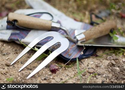Garden tools: stainless steel trowel and rake and a pair of gloves.