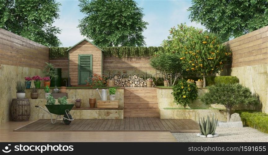 Garden with gardening tools , wooden shed and fruit tree - 3D Rendering. Garden on two levels with wooden shed and fruit tree