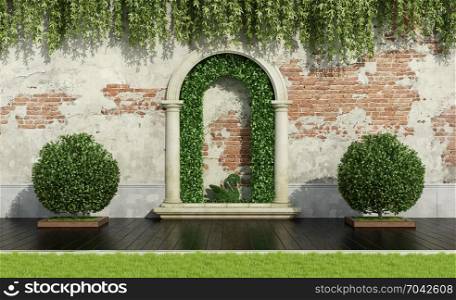 Garden with lush vegetation. Garden with lush vegetation, stone portal and old wall - 3d rendering