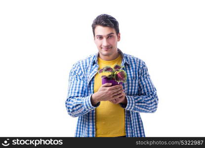 Gardener florist with a flower in a pot isolated on white backgr. Gardener florist with a flower in a pot isolated on white background