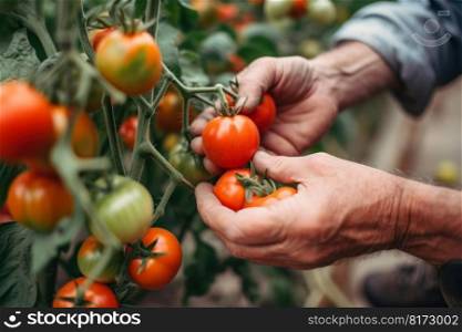 gardener hand pick red tomato generative ai.