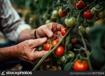 gardener hand pick red tomato generative ai.