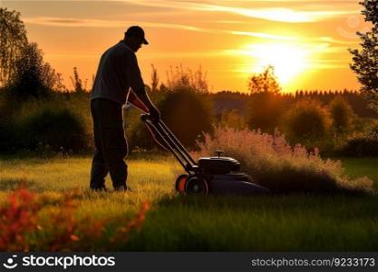 Gardener mowing grass. Nature sunset. Generate Ai. Gardener mowing grass. Generate Ai