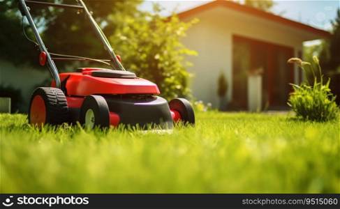 Gardener Trimming Grass Lawn with Electric Cordless Mower. Generative ai. High quality illustration. Gardener Trimming Grass Lawn with Electric Cordless Mower. Generative ai