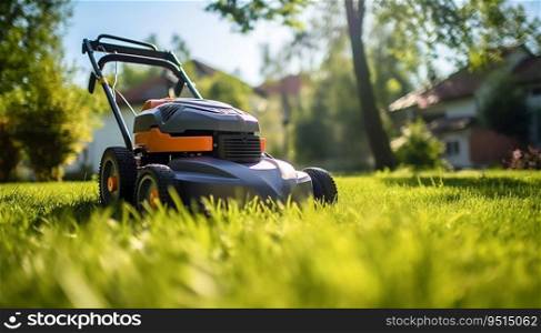 Gardener Trimming Grass Lawn with Electric Cordless Mower. Generative ai. High quality illustration. Gardener Trimming Grass Lawn with Electric Cordless Mower. Generative ai