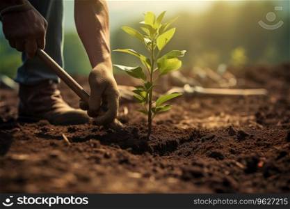 Gardener using spade while preparing place for planting young tree.