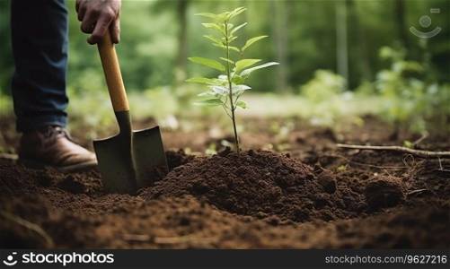 Gardener using spade while preparing place for planting young tree.