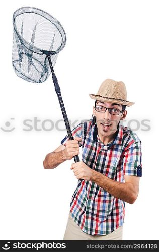 Gardener with net isolated on white