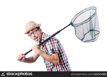 Gardener with net isolated on white