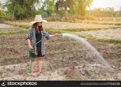 Gardener woman watering vegetables in her garden