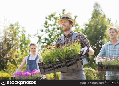 Gardeners carrying flower pots in crates at garden