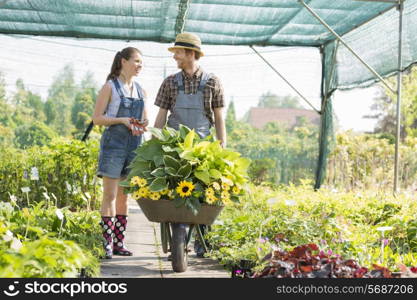 Gardeners discussing while pushing plants in wheelbarrow at greenhouse